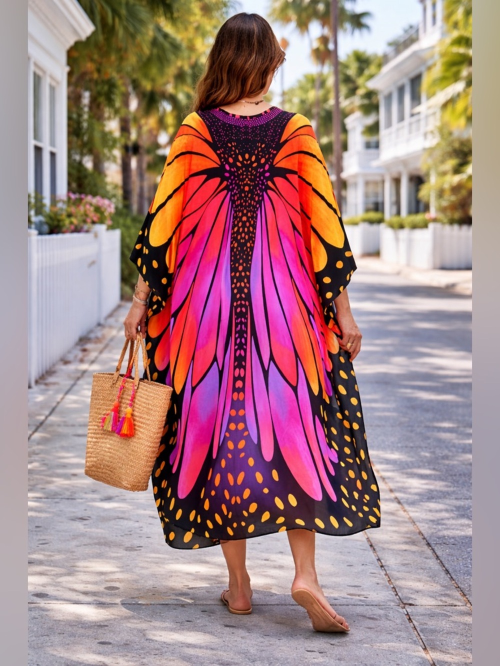 Nu Shuz Key West Vibrant Multicolor Butterfly Flowy Maxi Kaftan Dress One Size
